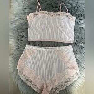 Victoria secret Pink Lace Trim Striped Lingerie Set